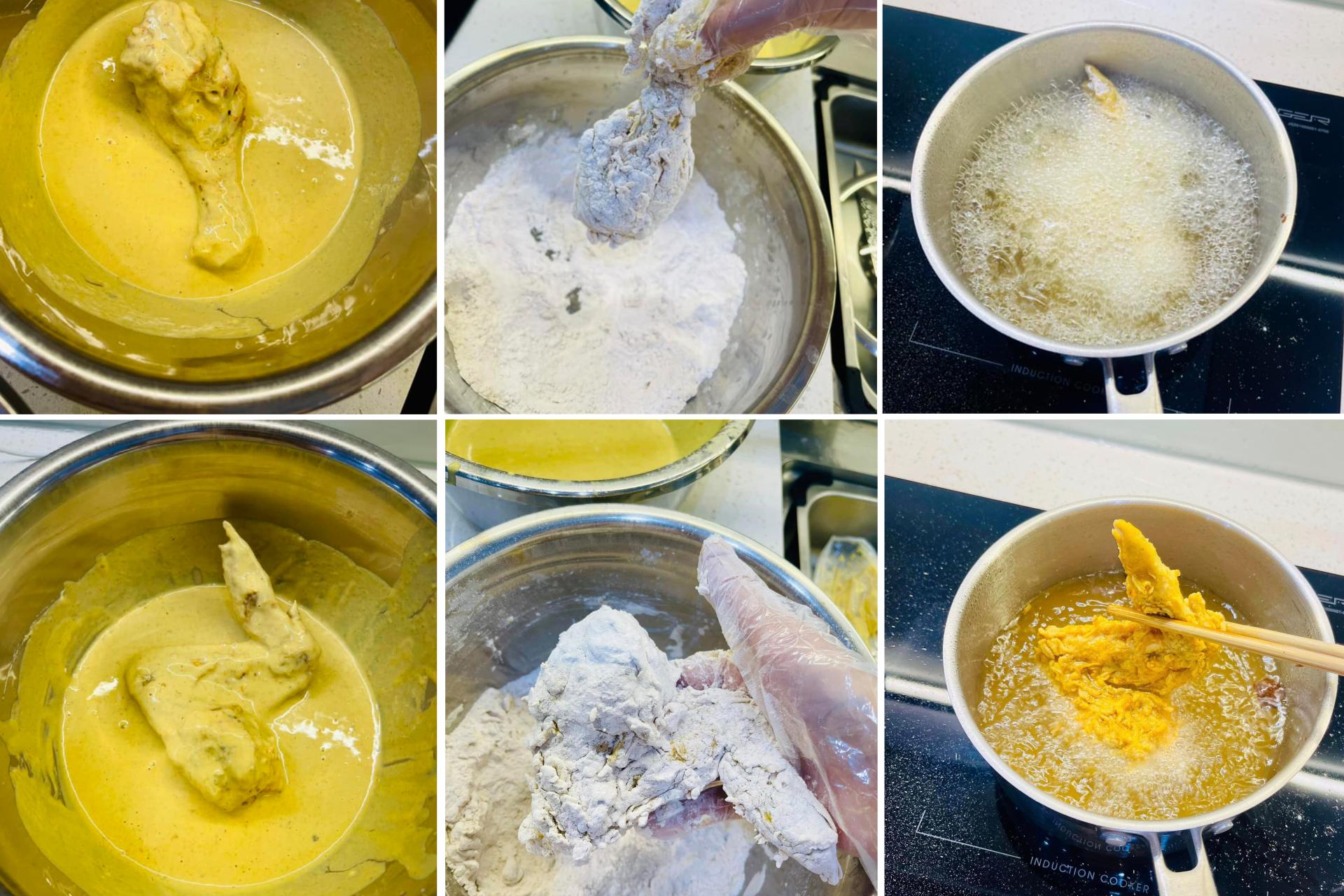 Lăn đều gà vào bột ướt và khô rồi bỏ vào chảo chiên vàng